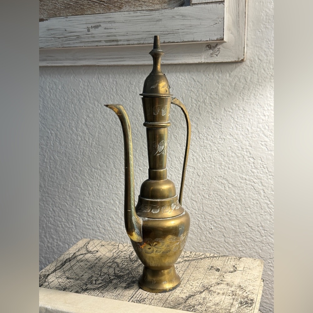 Vintage Etched Brass Oil Pitcher, Teapot, or Coffee Pot Genie Lamp